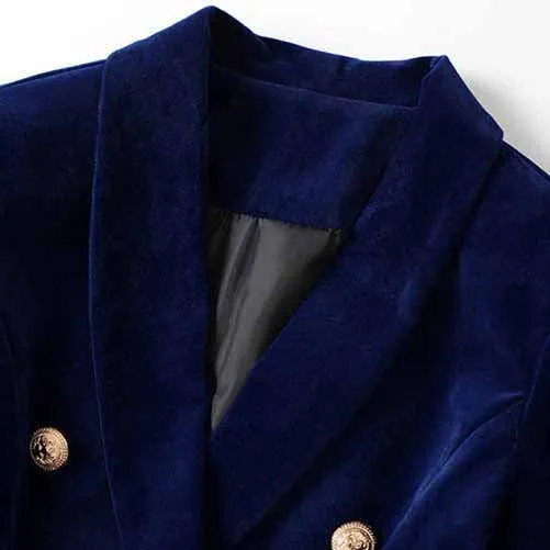 Women V-Neck Double Breasted Gold Buttons Dark Blue Blazer Jacket