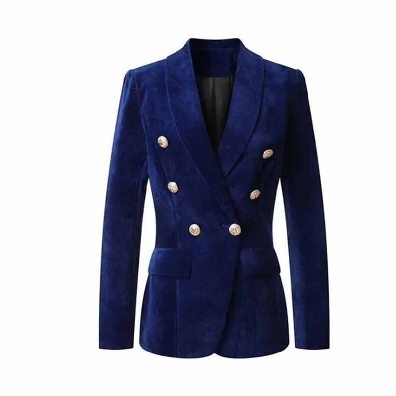 Women V-Neck Double Breasted Gold Buttons Dark Blue Blazer Jacket