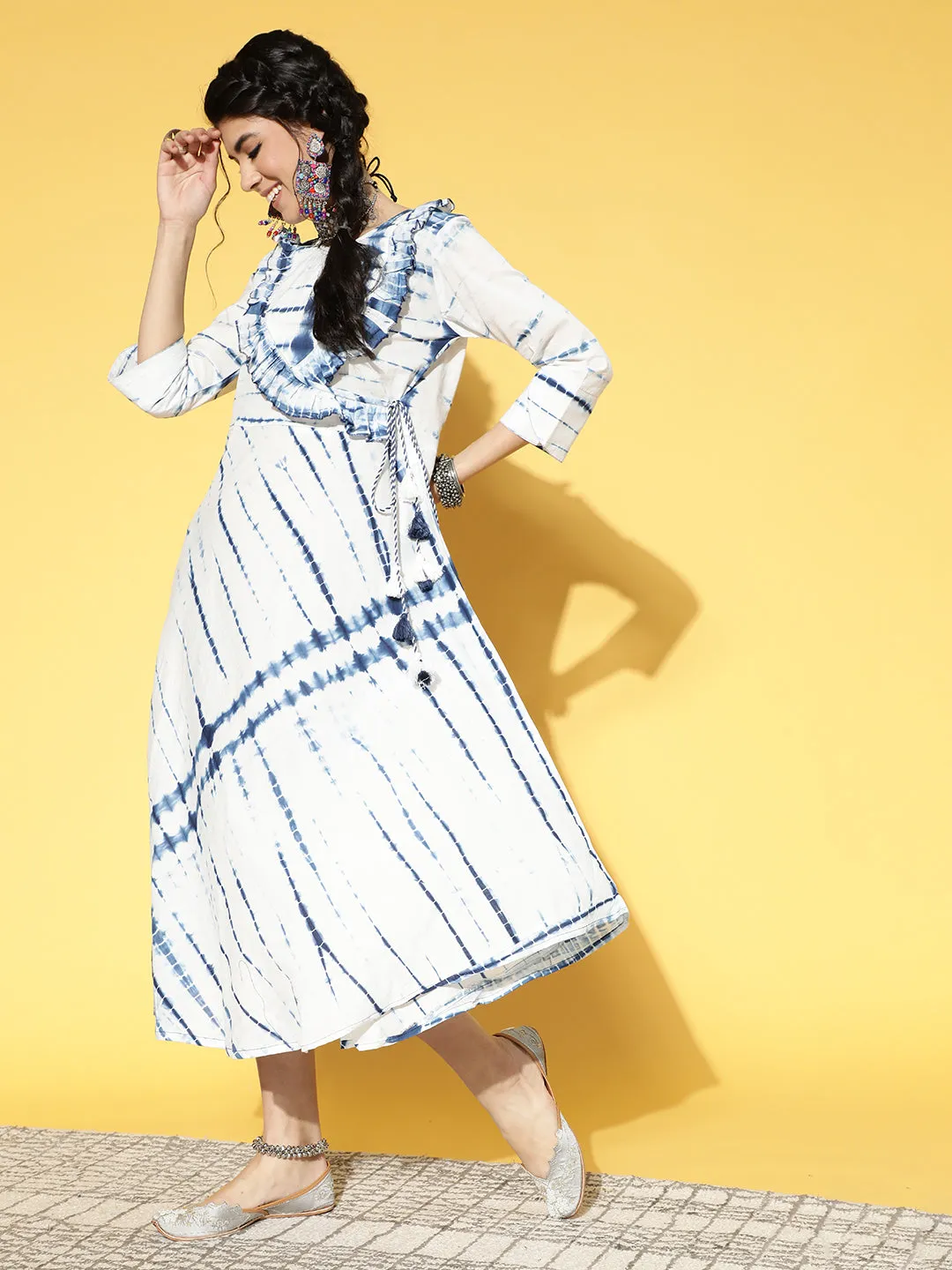 Women White & Blue Tie And Dyed Pure Cotton Fit & Flare Dress