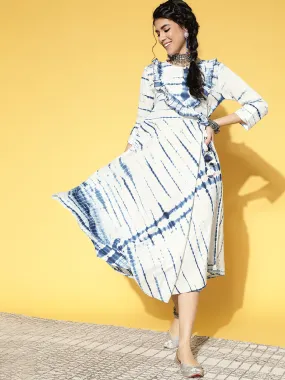 Women White & Blue Tie And Dyed Pure Cotton Fit & Flare Dress