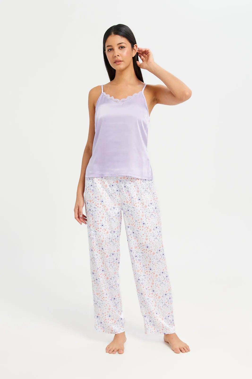 Women White Floral Print Long Pant Cami Set (2 Piece)