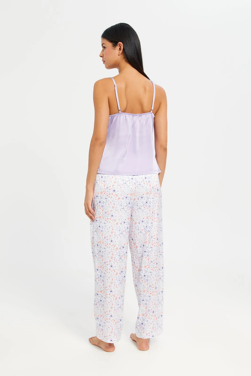 Women White Floral Print Long Pant Cami Set (2 Piece)