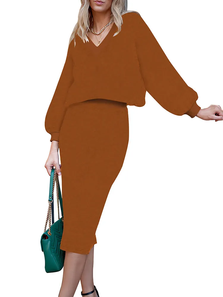 Women's 2 Piece Sweater Outfits V Neck Long Sleeve Loose Top Bodycon Midi Dresses