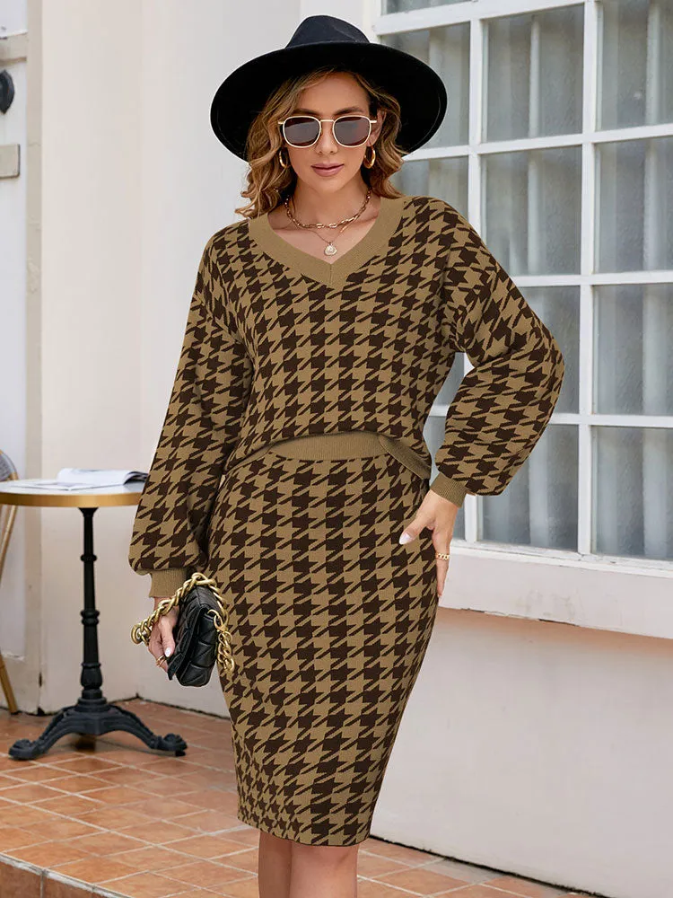 Women's 2 Piece Sweater Outfits V Neck Long Sleeve Loose Top Bodycon Midi Dresses