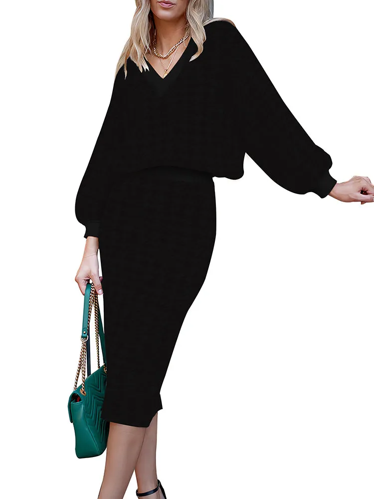 Women's 2 Piece Sweater Outfits V Neck Long Sleeve Loose Top Bodycon Midi Dresses