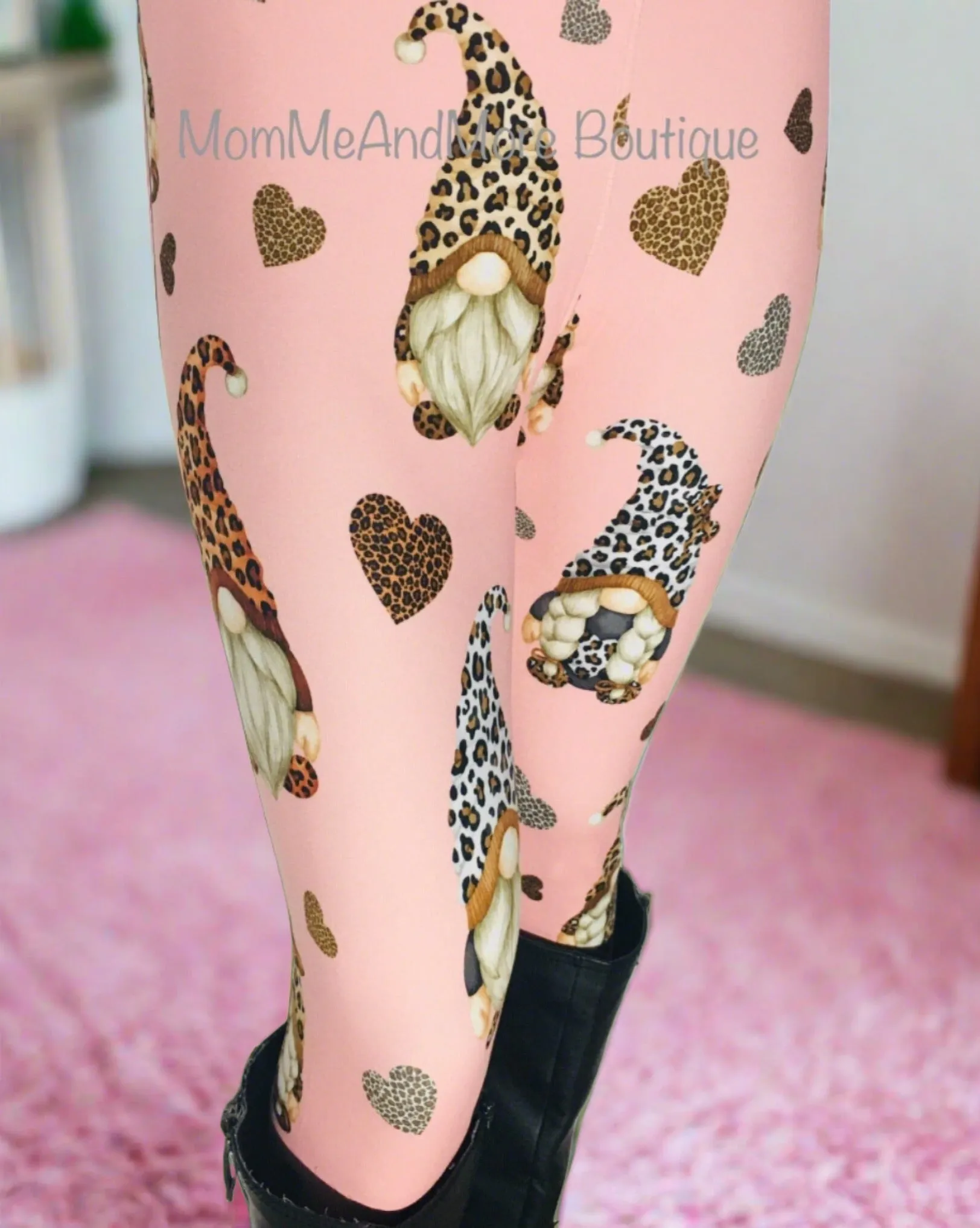 Womens Gnome Heart Valentines Day Leggings, Soft Yoga Pants, Sizes OS/TC, Pink/Brown, Exclusive Leggings