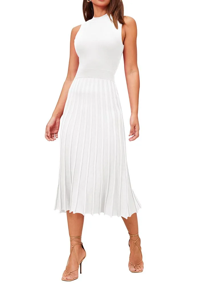 Women's Knit Tank Dresses Vacation Sleeveless Ribbed Swing Party Midi Dresses