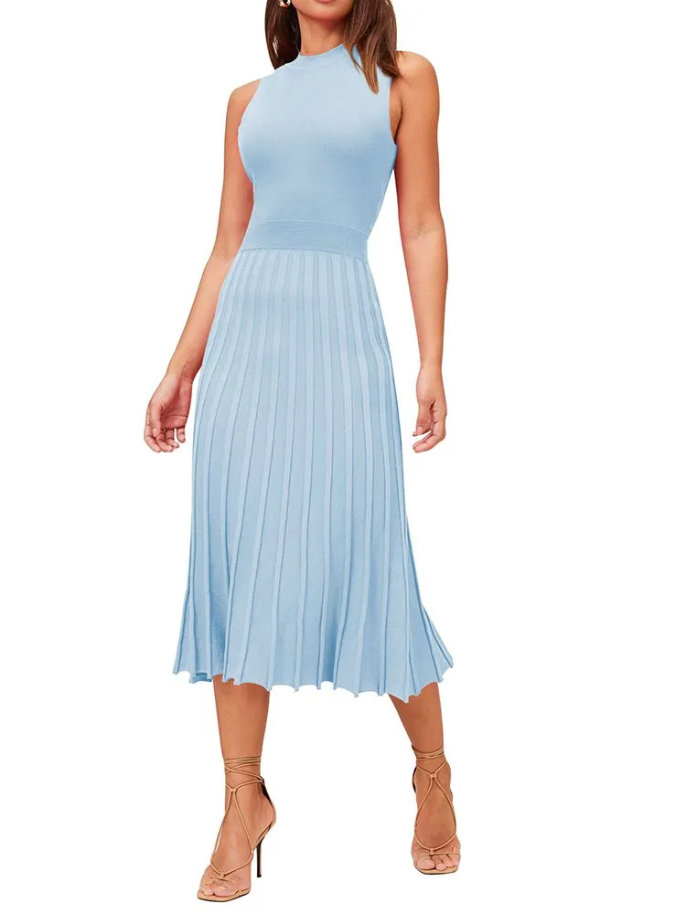 Women's Knit Tank Dresses Vacation Sleeveless Ribbed Swing Party Midi Dresses