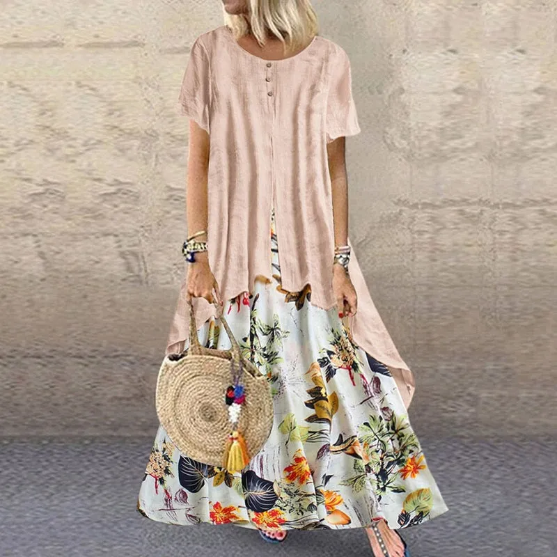 Womens Vintage Floral Cotton Linen Boho Maxi Long Dress