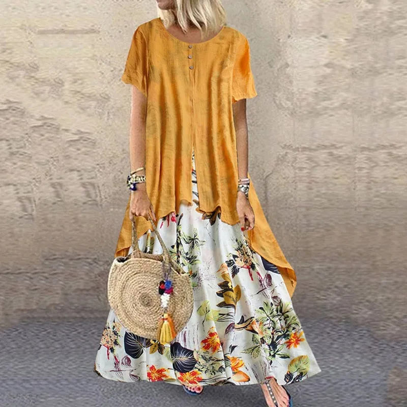 Womens Vintage Floral Cotton Linen Boho Maxi Long Dress