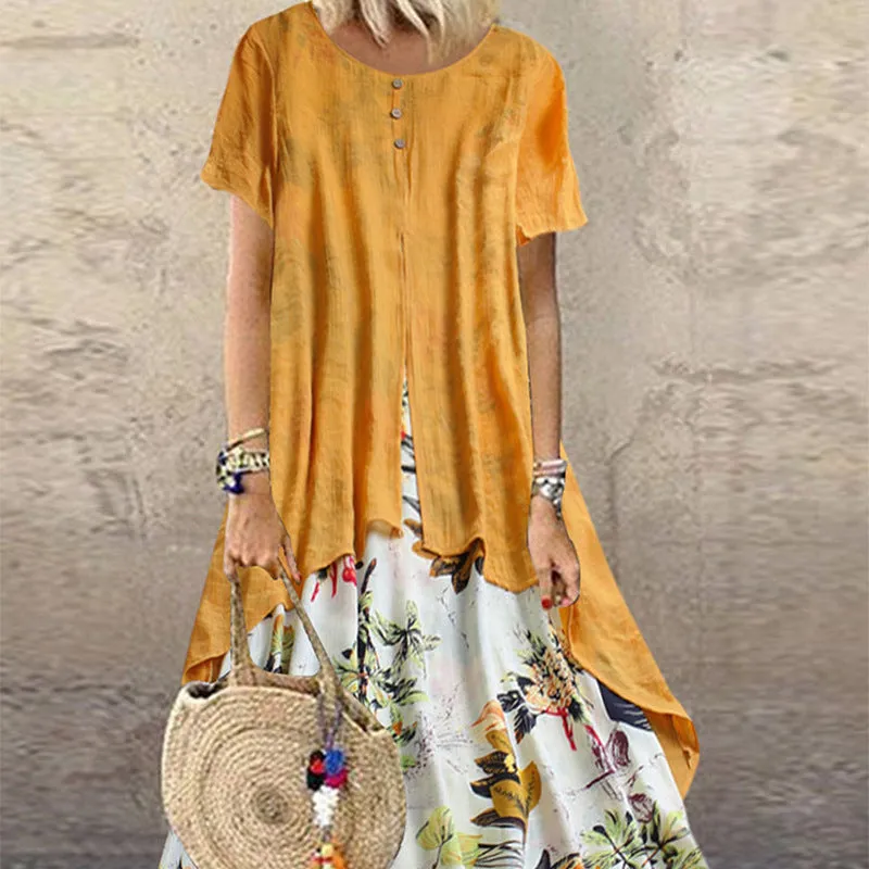 Womens Vintage Floral Cotton Linen Boho Maxi Long Dress