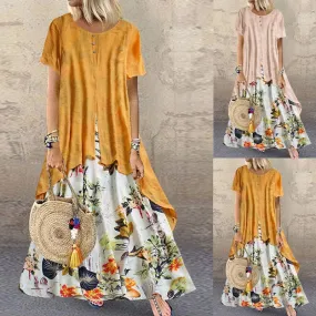 Womens Vintage Floral Cotton Linen Boho Maxi Long Dress