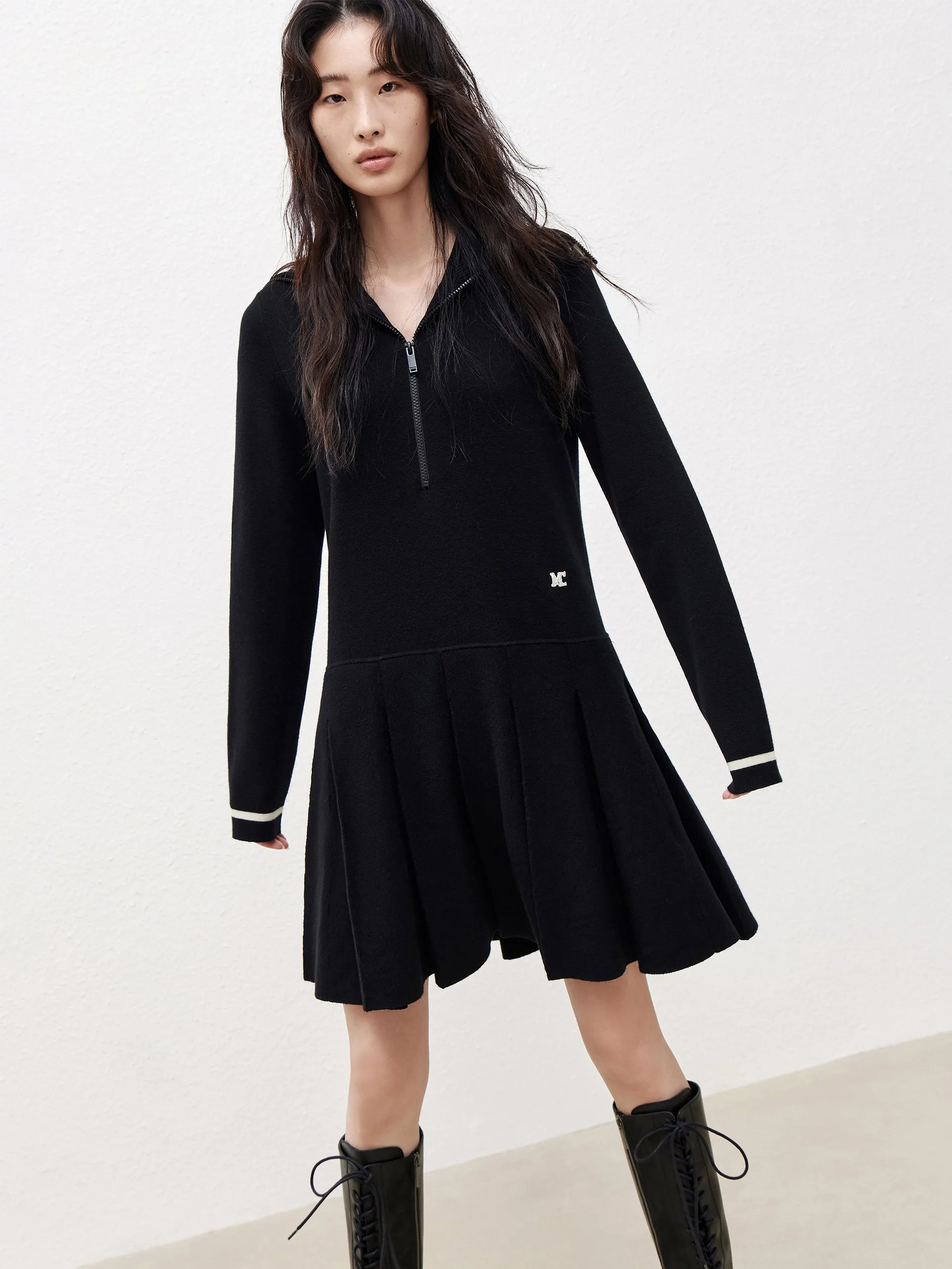 Wool Blend Navy Collar Sweater Dress