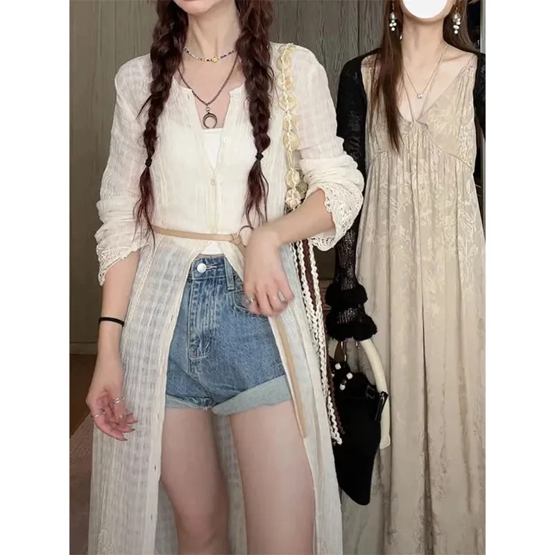 Y2K Belt Midi Dress Women Streetwear Lace Robe Vacation Beach Long Sleeve One Pieces Dresses Summer Korean Maxi Vestidos