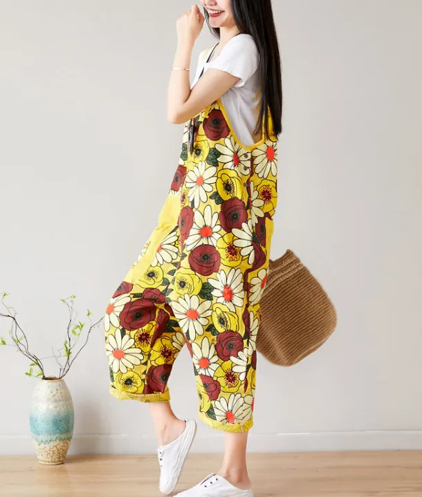 Yellow Floral Loose Denim Casual Spring Denim Overall Women Jumpsuits QY18