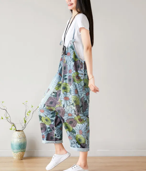 Yellow Floral Loose Denim Casual Spring Denim Overall Women Jumpsuits QY18