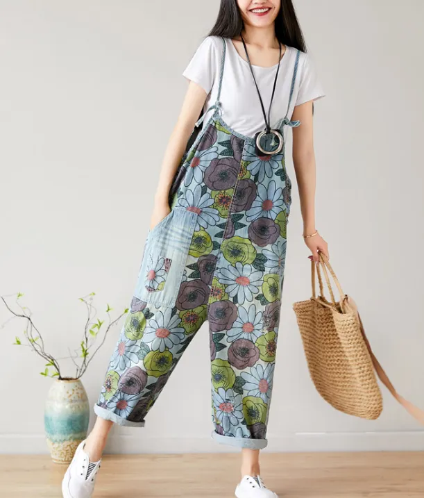 Yellow Floral Loose Denim Casual Spring Denim Overall Women Jumpsuits QY18