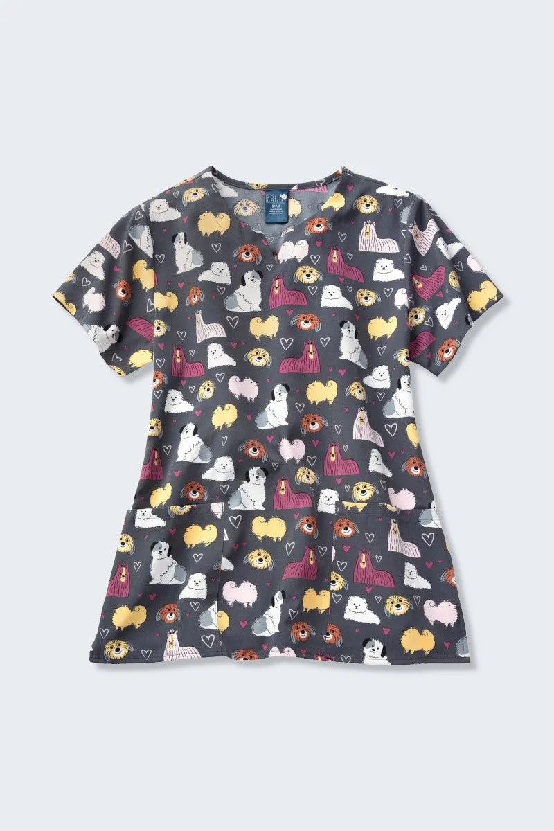 Z16213 Live Love Woof Women's Print Scrub Top